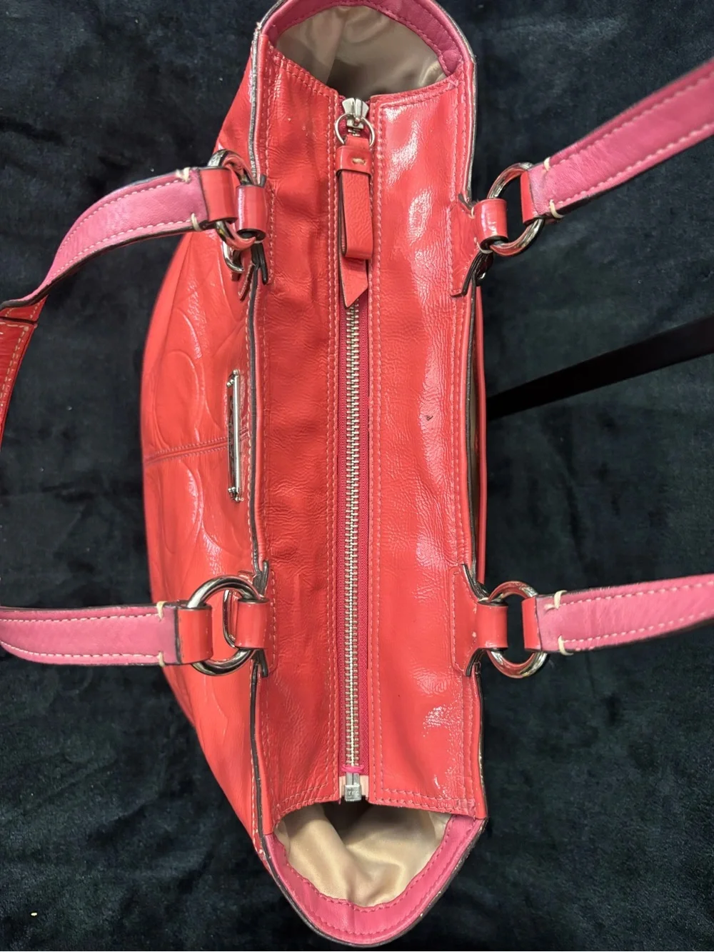 Coach Gallery Tote Coral Pink Signature Embossed Patent Leather F19462